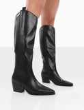 Texas Black PU Knee High Pointed Toe Heeled Western Cowboy Boots