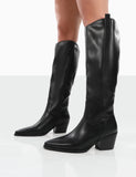 Texas Black PU Knee High Pointed Toe Heeled Western Cowboy Boots