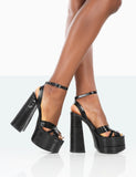 Zurra Black Metallic Pu Open Toe Platform Block Heels