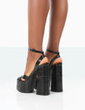 Zurra Black Metallic Pu Open Toe Platform Block Heels