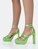 Viola Lime Satin Strappy Square Toe Platform Flat Block Heels