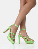 Viola Lime Satin Strappy Square Toe Platform Flat Block Heels