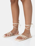 Kelly Ecru PU Lace Up Flat Square Toe Sandals