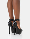 Vortex Black Patent Platform Barely There Pointed Toe Stiletto Heels