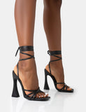 Wiley Black Pu Strappy Lace Up Square Toe Sculptural Block Heels