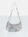 The Trackstar Silver  Diamante Studded Mirror Zip Detail Handbag