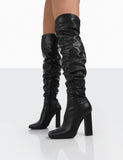 Cassia Black Square Toe Block Heel Over The Knee Boots