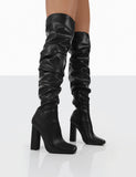 Cassia Black Square Toe Block Heel Over The Knee Boots