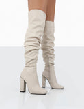 Cassia Ecru Square Toe Block Heel Over The Knee Boots