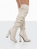 Cassia Ecru Square Toe Block Heel Over The Knee Boots