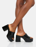 Ariel Black Patent Mule Chunky Mid Platform Heels