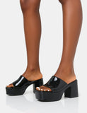 Ariel Black Patent Mule Chunky Mid Platform Heels