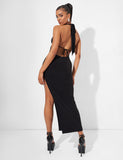 Deep Plunge Bar Detail Side Split Maxi Dress in Black