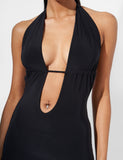 Deep Plunge Bar Detail Side Split Maxi Dress in Black