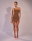 Distressed Twisted Off Shoulder Mini Dress Brown