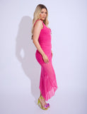 Mesh Insert Ruched Bow Detail Maxi Dress Fuchsia