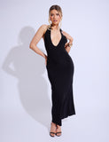 Gold Trim Super Plunge Maxi Dress Black