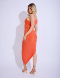 Asymmetric Ruched Side One Shoulder Cut Out Midi Dress Orange