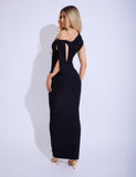 Knot Detail Asymm One Shoulder Luxe Slinky Maxi Dress Black