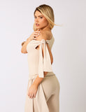 Knot Detail Asymmetric One Shoulder Luxe Slinky Top Stone